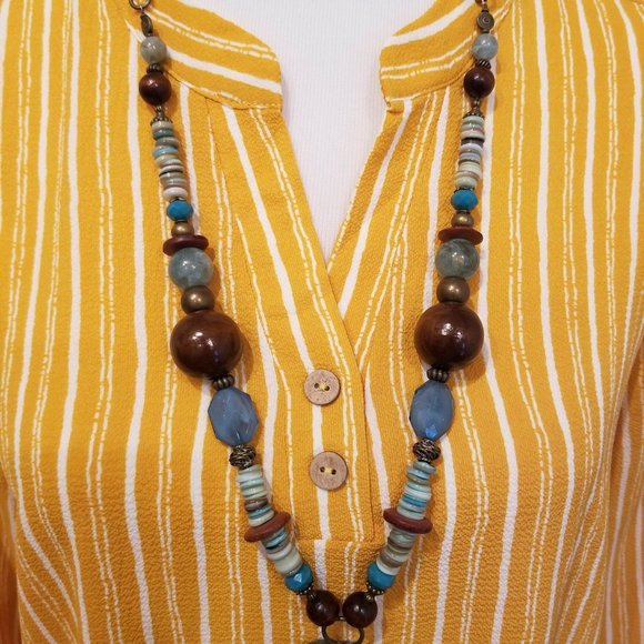 Wishful Park Brand Top Blouse Mustard Yellow White Stripes Size Large - Picture 4 of 12